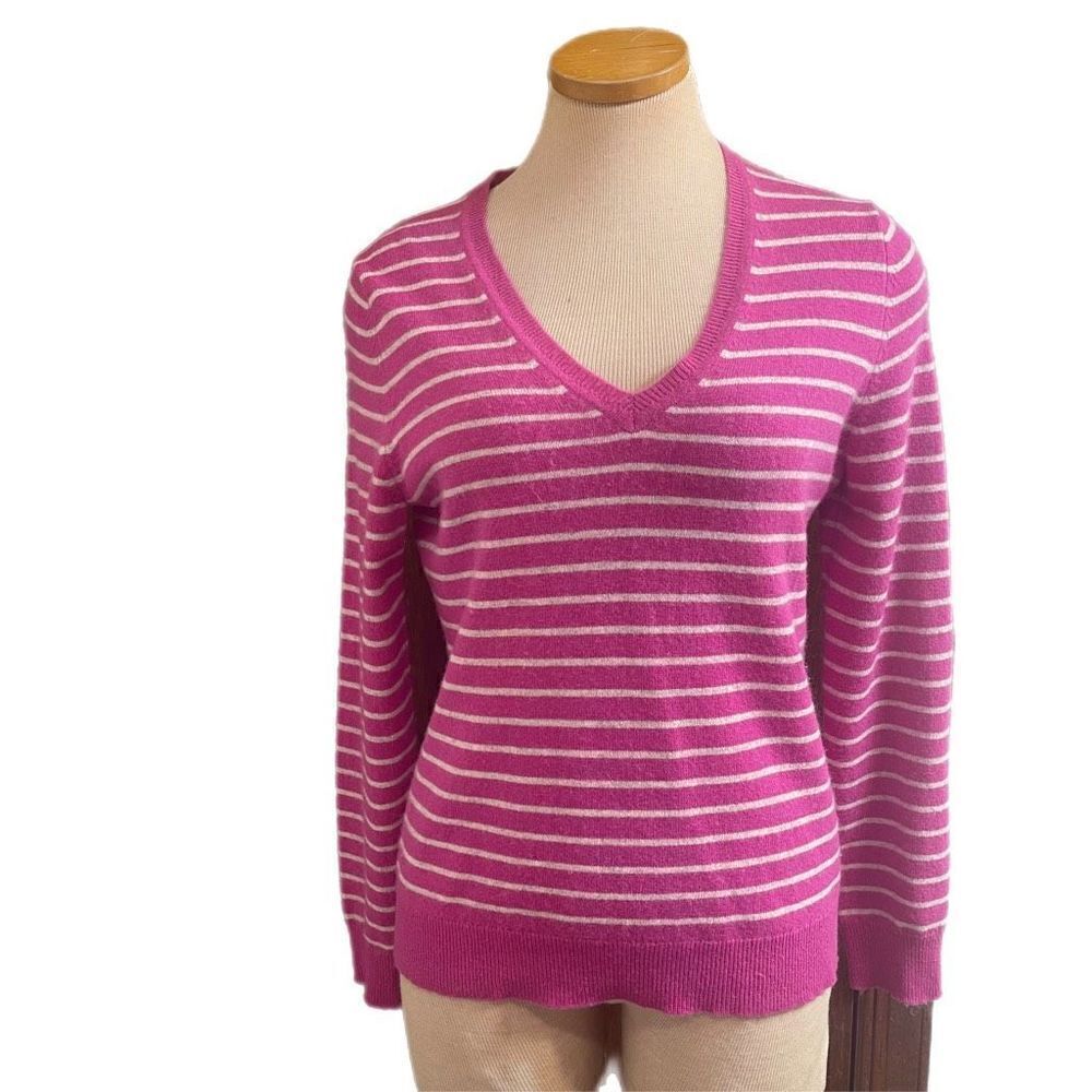 Lord & Taylor Pink Stripe Cashmere V Neck Sweater Size Large